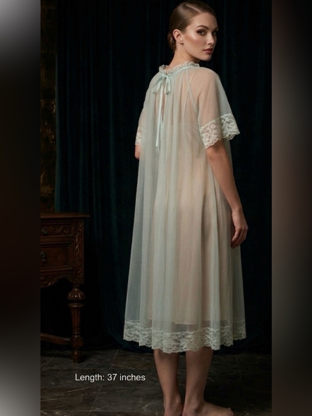 Vintage Light Aqua Green Sheer Nightgown Robe with Lace Trim & Neck Tie